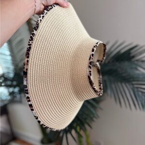 Petal & Pup Beige Straw Sun Visor with Leopard Trim